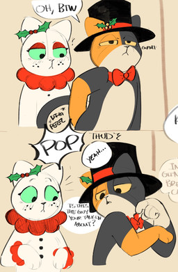 anthro black_body black_clothing black_ears black_eyes black_fur black_hat black_headwear black_top_hat blush blush_lines bow_tie clothing dialogue duo eyelashes eyeshadow female food freckled_face freckles fur gesture green_sclera half-closed_eyes hand_gesture hat headgear headwear holidays holly_(plant) long_eyelashes looking_at_another looking_back makeup male mismatched_ears multicolored_body multicolored_fur narrowed_eyes orange_body orange_ears orange_fur orange_sclera plant pointing question question_mark red_bow_tie red_clothing red_eyeshadow red_hat red_headwear red_top_hat standing surprised tan_body tan_fur text two_tone_hat two_tone_top_hat white_body white_ears white_fur sushiamazing christmas junipurr turkitty domestic_cat elemental_creature felid feline felis flora_fauna food_creature mammal 2025 comic digital_media_(artwork) english_text hi_res
