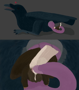ambiguous_gender animal_genitalia beak bodily_fluids cloaca cloacal cloacal_penetration cloacal_penis cum cum_inside duo extreme_size_difference feral genital_fluids genitals heart_symbol knot male male/ambiguous open_beak open_mouth penetration penis prehensile_penis rictal_bristles size_difference tongue nimrod_(artist) reverie accipitrid accipitriform avian bald_eagle bird corvid corvus_(genus) eagle oscine passerine raven sea_eagle absurd_res hi_res
