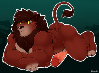 4_fingers abstract_background all_fours anthro anthrofied biped black_nose blue_eyes brown_body brown_fur brown_mane brown_tail butt claws countershade_face countershade_torso countershading erection eye_scar facial_scar feet fingerless_(marking) fingers fur fur_tuft genitals glans humanoid_genitalia humanoid_penis kemono looking_aside looking_at_viewer male mane markings multicolored_body multicolored_fur muscular muscular_anthro muscular_male nude outline penis pink_penis pose raised_tail scar side_view smile solo tail tail_tuft tan_body tan_countershading tan_fur tan_markings thin_tail toe_claws toeless_(marking) toes tuft two_tone_body two_tone_fur yellow_sclera schwarzfox disney the_lion_king kovu_(the_lion_king) felid lion mammal pantherine digital_media_(artwork) pinup shaded soft_shading