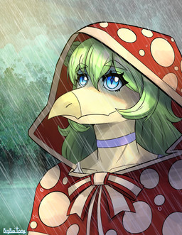 anthro biped blue_eyes choker clothed clothed_anthro clothed_female clothing coat day detailed_background eyebrow_through_hair eyebrows female front_view green_body green_hair hair hair_bun jewelry lake long_hair looking_up necklace outside plant raincoat raining smile solo standing text topwear translucent translucent_hair tree water bigboitony goodbye_volcano_high ko_op_(game_developer) stella_(gvh_beta) dinosaur ornithischian prehistoric_species reptile scalie stegosaurian stegosaurus thyreophoran absurd_res artist_name bust_portrait colored hi_res portrait shaded