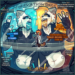 anthro biped blue_border border clothed clothing extreme_size_difference fatal fatal_vore femboy fur group hair implied_disposal lore macro male micro mouth_shot open_mouth oral_vore portal science_fiction size_difference tail text thinking_with_portals tongue tongue_out topwear trio unwilling_prey vore vore_implied nagifur nagi_(nagifur) felid mammal 1:1 digital_media_(artwork) english_text sibling_(lore) twins_(lore)