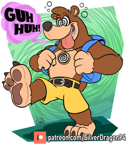 anthro arm_tuft backpack belt big_tongue bottomwear brown_body brown_fur claws clothing cross-eyed finger_claws fur head_tuft hypnosis hypnotized_male jewelry male mind_control necklace open_mouth open_smile pawpads shirtless shorts shoulder_tuft smile solo speech_bubble spiral spiral_eyes standing tan_body tan_fur text toe_claws tongue tongue_out tuft soul-silver-dragon banjo-kazooie rareware banjo_(banjo-kazooie) bear brown_bear mammal ursine absurd_res english_text hi_res