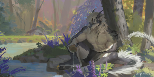 anthro black_bottomwear black_clothing black_horn bottomwear claws clothed clothing container creek cup day feet flower fur grey_body grey_fur hair holding_container holding_cup holding_object horn long_hair male male_anthro mouth_closed muscular muscular_anthro muscular_male narrowed_eyes outside pecs plant purple_flower shrub sitting solo topless tree water white_body white_fur white_hair yellow_eyes awaldkize mythology dragon furred_dragon furred_scalie mythological_creature mythological_scalie scalie absurd_res hi_res
