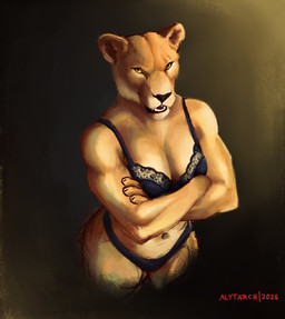 anthro black_bra black_clothing black_panties black_underwear bra breasts cleavage clothed clothed_anthro clothed_female clothing crossed_arms female high-angle_view looking_at_viewer muscular muscular_anthro muscular_female navel panties simple_background solo standing teeth underwear yellow_sclera alytarch felid lion mammal pantherine absurd_res digital_drawing_(artwork) digital_media_(artwork) digital_painting_(artwork) hi_res painting_(artwork)