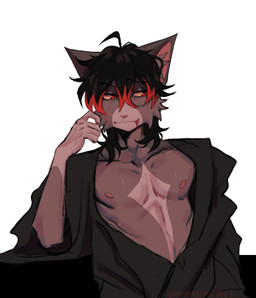 anthro bangs black_hair blood blood_from_mouth blood_in_mouth bodily_fluids fur fur_markings grey_body grey_fur hair looking_aside looking_away male markings open_chested_shirt red_eyes red_hair scratching_head simple_background solo white_background vampimorph rae_(vampimorph) felid feline mammal vampire absurd_res hi_res