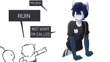 anthro blue_body blue_fur dialogue freckled_face freckles fur gesture group hand_gesture humor male pointing solo eipril not_what_im_called rouen_(eipril) domestic_cat felid feline felis mammal 2025 meme reference_image