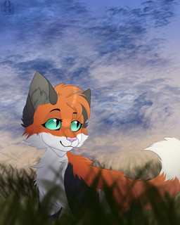 black_body black_fur cheek_tuft cloud facial_tuft female feral fluffy fur grass green_eyes nature pink_nose plant red_body red_fur scenery sky smile solo tuft white_body white_fur airymiller felid feline mammal absurd_res half-length_portrait hi_res portrait