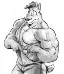 2017 abs anthro biceps big_muscles canid canine canis clothed clothing fur hat headgear headwear hi_res male mammal monochrome muscular muscular_anthro muscular_male nipples overalls pecs poop_(artist) simple_background solo white_background wolf