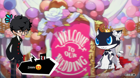 accessory anthro black_body black_fur black_hair blazer blue_eyes bow_ribbon choker clothing crown dress duo emoji eyewear fishnet_clothing flower fur furgonomics glasses gloves gold_crown hair handwear headgear jewelry male male/male mask multicolored_body multicolored_fur necklace plant ribbons rose_(flower) size_difference tail tail_accessory tail_ribbon two_tone_body two_tone_fur veil wearing_glasses wedding wedding_dress white_body white_fur dulone third-party_edit atlus megami_tensei persona_(series) persona_5 sega zamn morgana_(persona) ren_amamiya domestic_cat felid feline felis human mammal hi_res screencap_edit