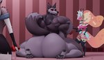 3d_(artwork) anthro arthropod back_muscles bee big_butt big_muscles big_pecs black_body black_bottomwear black_claws black_clothing black_fur black_pawpads black_shirt black_skirt black_topwear blue_hair body_size_growth bottomwear brown_body brown_fur butt butt_expansion canid canid_demon canine cellphone claws clothing demon digital_media_(artwork) electronics expansion female fox fur grey_body grey_fur group growth hair hand_on_chest hellhound helluva_boss hi_res huge_butt huge_muscles huge_pecs huge_thighs hybrid hymenopteran hyper hyper_muscles insect larger_male long_tail loona_(helluva_boss) male male_focus mammal moobs multicolored_body multicolored_fur multicolored_hair muscle_growth muscular muscular_anthro muscular_arms muscular_male muscular_thighs mythological_canine mythological_creature mythology nipples oleanderin orange_hair pawpads pecs phone pink_clothing pink_hair pink_nipples pink_shirt pink_topwear queen_bee-lzebub_(helluva_boss) red_eyes shirt size_difference size_transformation skirt smaller_female tail thick_thighs topwear transformation trio vortex_(helluva_boss) white_body white_fur yellow_body yellow_fur