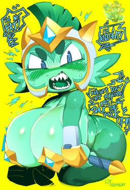 angry anthro armor big_breasts blue_eyes blush blush_lines bodily_fluids breasts embarrassed female glistening glistening_breasts green_body green_skin headgear helmet looking_at_viewer open_mouth pasties pasties_only sharp_teeth simple_background slightly_chubby solo split_form sweat sweatdrop talking_to_viewer teeth thick_thighs tongue yelling_at_viewer yellow_background goatboydraws bloons_tower_defense ninja_kiwi mermonkey_(bloons) aquatic haplorhine mammal merfolk monkey primate hi_res