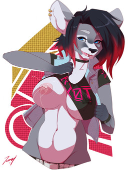 anthro big_breasts black_hair black_nose blue_eyes bodily_fluids breasts clothed clothing clothing_lift collar ear_piercing female flashing fur grey_body grey_fur hair highlights_(coloring) jacket lactating looking_at_viewer milk navel nipples one_breast_out open_clothing open_jacket open_topwear piercing red_highlights shirt shirt_lift solo topwear white_body white_fur leokingdom angelina_marie canid canine canis mammal wolf 2015 3:4 hi_res