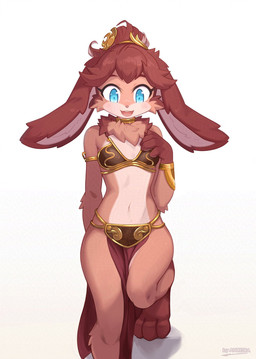 3_toes 5_fingers accessory anthro arm_tuft armlet barefoot blue_eyes blush bottomwear bra breasts brown_body brown_fur brown_hair choker clothing costume elbow_tuft eyebrows eyelashes feet female fingers front_view fur gloves_(marking) hair hair_accessory hand_on_chest jewelry leg_markings loincloth looking_down markings neck_tuft necklace open_mouth paws simple_background slave_leia_costume small_breasts socks_(marking) solo standing tan_body tan_fur toes tuft underwear white_background ancesra star_wars star_wars_visions lop_(star_wars_visions) lagomorph lepi leporid mammal rabbit 2025 hi_res