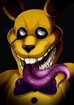 anthro black_background black_nose black_tears blue_eyes bodily_fluids front_view glistening glistening_eyes looking_at_viewer male open_mouth purple_tongue saliva saliva_on_tongue sharp_teeth simple_background solo teeth tongue tongue_out yellow_body yellow_eyes imperatorcaesar five_nights_at_freddy's into_the_pit scottgames absurd_res bust_portrait hi_res portrait