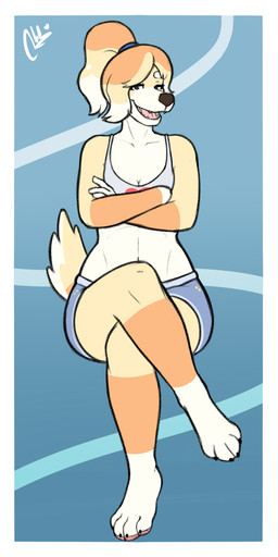 accessory anthro bottomwear breasts cleavage clothed clothing crop_top crossed_arms crossed_legs female fur hair hair_accessory hair_tie looking_at_viewer open_mouth orange_body orange_fur ponytail shirt shorts simple_background solo tan_body tan_fur topwear white_body white_fur alexnik bluey_(series) frisky_(bluey) bird_dog canid canine canis cocker_spaniel domestic_dog hunting_dog mammal spaniel 2026 absurd_res alternate_version_at_source digital_media_(artwork) hi_res watermark