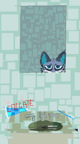 bathroom blue_body blue_eyes blue_fur brush detailed_background fur looking_at_mirror looking_at_object male mirror solo tap text toothbrush toothpaste demensa emil_(demensa) canid canine canis coyote mammal digital_media_(artwork) pixel_(artwork)