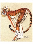 anthro bent_over breasts butt clothed clothing female nipples partially_clothed pose solo stripes tail undressing terrie_smith felid mammal pantherine tiger 2002 absurd_res hi_res signature traditional_media_(artwork)