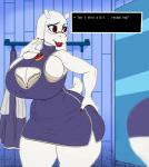 anthro big_breasts big_butt bra breasts butt clothed clothing curvy_figure dress eyewear female fitting_room glasses huge_breasts jewelry lips lipstick makeup mature_anthro mature_female necklace red_eyes solo standing text thick_bottom_lip thick_thighs underwear voluptuous wide_hips box-s undertale undertale_(series) toriel boss_monster_(undertale) bovid caprine mammal 2019 english_text hi_res