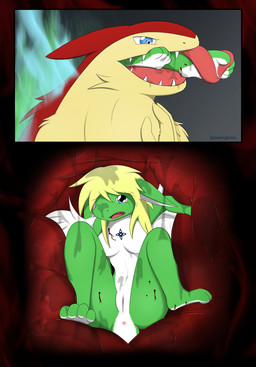 adolescent between_toes bite bite_mark blood bodily_fluids bulge drooling duo feathers feet female feral forced genitals imminent_death imminent_digestion inside_stomach internal interspecies male male/female oral_vore organs paws saliva soft_vore stomach swallowing tail tears toes tongue vore vulva young giru_(artist) mythology nintendo pokemon eon_(typhlosion) fan_character yuri_(giru) dragon feathered_dragon feathered_scalie generation_2_pokemon mythological_creature mythological_scalie pokemon_(species) reptile scalie typhlosion hi_res