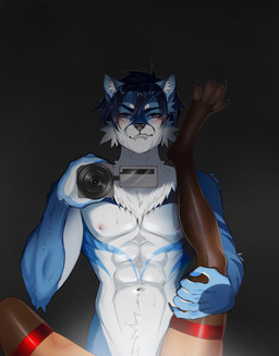4_toes abs anthro arousal_focus bite bite_mark biting_lip black_nose blue_body blue_fur blue_hair bodily_fluids camera claws clothing duo feet female fur hair legwear male male/female muscular muscular_anthro muscular_male nipples nude nude_anthro nude_male receiving_pov recording standing stockings sweat toe_claws toes white_body white_fur tyo_dem home_movies gavin_wolf gavin_wolf_(gavin) kari_reuban canid canine canis fox mammal wolf absurd_res hi_res