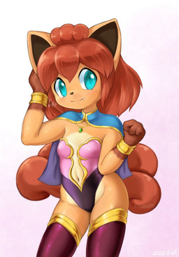 anthro anthrofied biped blue_eyes breasts clothed clothed_anthro clothed_female clothing cute_fangs fangs female female_anthro front_view hair leotard looking_at_viewer pokemorph red_hair simple_background small_breasts smile solo teeth ryuma210 nintendo pokemon ema_(ryuma210) generation_1_pokemon pokemon_(species) vulpix hi_res