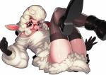 anthro blush breasts clothed clothing eyewear female glasses legs_together legs_up legwear lying on_back open_mouth pose solo sweater thigh_highs topwear celebrated_earl disney zootopia dawn_bellwether bovid caprine domestic_sheep mammal sheep absurd_res hi_res