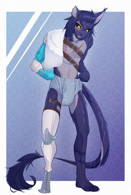 anthro blue_background clean_diaper clothed clothing diaper diaper_only fur gradient_background male prosthetic prosthetic_arm prosthetic_leg prosthetic_limb pull-ups_(diaper) purple_background purple_body purple_fur scar simple_background solo standing topless towel wearing_diaper white_background cozygrey goodnites tallarn_(arcaninef2) felid feline lynx mammal hi_res