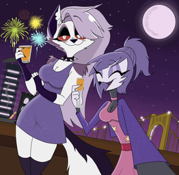 :3 anthro ashtray breasts building choker cigarette cleavage clothed clothed_anthro clothed_female clothing collar container cup dress drinking_glass duo eyes_closed eyeshadow feather_hair feathers female fingerless_gloves fireworks full_moon fur glass glass_container glass_cup gloves grey_body grey_fur grey_hair hair handwear holding_container holding_cup holding_drinking_glass holding_object jewelry legs_together makeup moon necklace night notched_ear open_mouth open_smile orange_liquid outside pink_choker pink_clothing pink_dress pink_jewelry pink_necklace ponytail pseudo_hair pupils purple_clothing purple_dress red_sclera slit_pupils smile sparkles sparkling_clothing sparkling_dress spiked_collar spikes star star_pattern suspension_bridge tail white_body white_eyes white_fur starpaintart hellaverse helluva_boss mythology loona_(helluva_boss) octavia_(helluva_boss) avian avian_demon bird canid canid_demon canine demon hellhound mammal mythological_canine mythological_creature owl owl_demon 2024