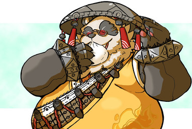 anthro asian_clothing baozi belly black_body black_fur chinese_clothing clothing east_asian_clothing eating eyes_closed eyewear fur glasses headgear headwear kemono male overweight overweight_male pose ring shirt solo topwear white_body white_fur yellow_clothing yellow_shirt yellow_topwear okudami mihoyo zenless_zone_zero pan_yinhu bear giant_panda mammal thiren 2025