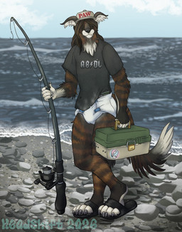 abdl anthro black_body brown_body clean_diaper clothed clothing detailed_background diaper fishing fishing_rod footwear hair hair_over_eyes hat headgear headwear holding_fishing_rod holding_object lake male male_anthro outside rock sandals sea shirt shoes shore sky slippers solo standing striped_body stripes topwear water wearing_diaper headshift borzoi canid canine canis domestic_dog hunting_dog mammal sighthound hi_res