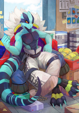 5_fingers anthro bottomwear clothed clothing crossed_legs fingers inside long_tail male muscular muscular_anthro muscular_male pants sitting smile solo tail text topless topless_anthro topless_male white_bottomwear white_clothing white_pants plive lizard reptile scalie 2023 absurd_res artist_name dated hi_res signature