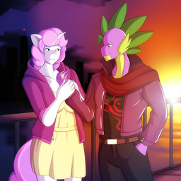 anthro anthrofied city clothing dress duo female fur green_eyes hair hand_holding horn jacket leather male married multicolored_hair purple_body purple_scales ring scales smile sundress sunset topwear two_tone_hair white_body white_fur marik_azemus34 friendship_is_magic hasbro my_little_pony mythology spike_(mlp) sweetie_belle_(mlp) dragon equid equine mammal mythological_creature mythological_equine mythological_scalie scalie unicorn 1:1 2015