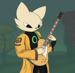 ambiguous_gender anthro black_bottomwear black_clothing black_pants black_shirt black_topwear bottomwear clothing electric_guitar fur green_background guitar holding_guitar holding_musical_instrument holding_object jacket musical_instrument pants playing_guitar playing_music plucked_string_instrument shirt simple_background solo standing string_instrument tan_body tan_fur three-quarter_view topwear yellow_clothing yellow_jacket_(clothing) yellow_topwear vo_able epiphone gibson les_paul nine_sols red_candle_games yi_(nine_sols) felid feline mammal english_description hi_res