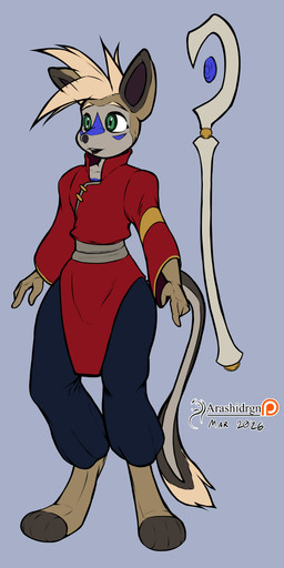 anthro blonde_hair fur fur_markings hair magic_user male markings melee_weapon solo staff tail weapon arashidrgn kangaroo macropod mammal marsupial 2026 absurd_res hi_res model_sheet