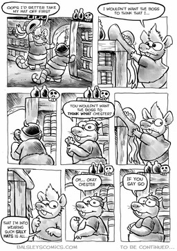anthro armor bookshelf bottomwear clothing dialogue duo furniture headgear helmet male shirt shorts slightly_chubby text topwear jwbalsley chester_the_rat stinky_the_rat mammal murid murine rat rodent 2026 absurd_res comic english_text hi_res monochrome