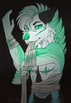 anthro archivist-kayl bandage canid canine canis claws domestic_dog fangs fur green_body green_eyes green_fur hi_res hybrid looking_at_viewer mammal solo teeth wolf