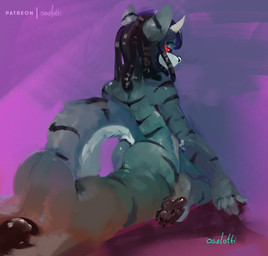 anthro biped black_body black_ears black_fur black_hair black_nose black_pawpads black_stripes black_tail butt dreadlocks fur glistening glistening_nose glistening_pawpads glowing glowing_eyes grey_body grey_ears grey_fur grey_tail hair horn male markings pawpads red_eyes simple_background solo striped_arms striped_body striped_ears striped_fur striped_legs striped_markings striped_tail stripes tail tail_markings three-quarter_view white_body white_fur white_horn white_tail oselotti hi_res signature