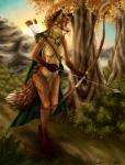 4_toes 5_fingers anthro arrow_(weapon) barefoot biped bow_(weapon) breasts brown_body brown_fur claws cloak clothing day detailed_background ear_tuft feet female fingers fur gloves_(marking) grass hair holding_object holding_weapon leg_markings markings mostly_nude naturally_censored outside plant quiver_(object) ranged_weapon sky socks_(marking) solo tan_body tan_fur toe_claws toes tree tuft walking water weapon yellow_eyes blackfury tanukiri canid canine fox mammal 2016 artist_collaboration digital_media_(artwork) hi_res