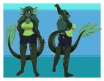 anthro big_breasts blue_eyes bottomwear breasts butt butt_pose clothing ear_fins female fin gem green_hair hair halter_top long_hair pose shorts solo spandex spandex_shorts split_form stretching tight_bottomwear tight_clothing tight_shorts shinyillusionz miren marine merfolk hi_res