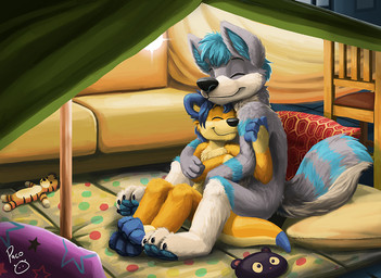 anthro black_nose blue_ears blue_hair blue_tail closed_smile dipstick_tail duo eyes_closed fur furniture grey_body grey_fur grey_tail hair hug inside leg_markings male markings mouth_closed nude pillow plushie sitting smile socks_(marking) sofa striped_markings striped_tail stripes tail tail_markings white_body white_fur white_tail yellow_body yellow_fur yellow_tail young young_anthro young_male pandapaco canid canine mammal mustelid otter