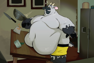 anthro appliance belly big_belly big_moobs bottomwear clothed clothing cooking flustered fridge furniture horn kitchen kitchen_appliance knife male male_anthro moobs navel obese obese_anthro obese_male overweight overweight_anthro overweight_male pan scut_tail short_tail shorts solo standing table tail topless topless_anthro topless_male tcw bovid caprine mammal sheep hi_res