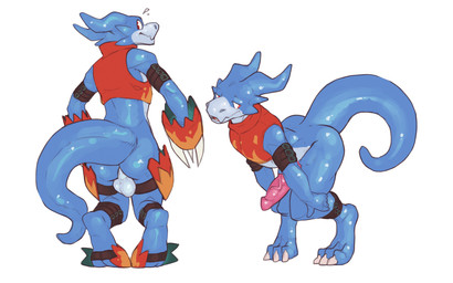 3_toes 5_fingers anthro armband backsack balls belt belt_buckle bent_over big_penis biped blue_balls blue_body blue_scales blue_spikes bodily_fluids buckle claws clothing countershade_balls countershade_face countershade_genitalia countershade_neck countershade_torso countershading crop_top curved_horn digitigrade erection feet fingers front_view genitals glistening glistening_body glistening_genitalia glistening_penis horn legband looking_back male multicolored_body multicolored_clothing multicolored_scales multicolored_shirt multicolored_topwear multiple_angles orange_clothing orange_shirt orange_topwear penis pink_penis pose raised_tail rear_view red_clothing red_eyes red_shirt red_topwear scales shirt simple_background smile solo spikes standing straps sweat sweatdrop tail teeth toe_claws toes topwear two_tone_body two_tone_clothing two_tone_scales two_tone_shirt two_tone_topwear vein veiny_penis white_background white_claws redishdragie bandai_namco digimon digimon_(species) flamedramon scalie 16:10 absurd_res digital_drawing_(artwork) digital_media_(artwork) hi_res widescreen