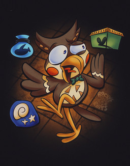 anthro blue_eyes bottle bow_tie box brown_body brown_feathers cheek_spots container feathers green_bow_tie looking_aside looking_away male open_mouth red_cheeks shell solo star style_emulation tongue toony rockosedits animal_crossing nintendo blathers_(animal_crossing) aquatic arthropod avian bird fish insect owl 2026 hi_res