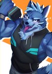 anthro biceps blue_body blue_fur bodily_fluids clothing dumbbell fur kemono long_tongue male muscular muscular_anthro muscular_male sleeveless_hoodie solo sweat tongue tongue_out weights manadezimon lifewonders tokyo_afterschool_summoners tindalos_(tas) canid canine canis mammal wolf absurd_res hi_res