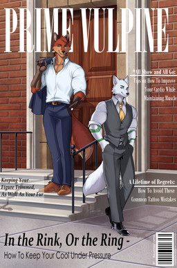 accessory anthro athletic athletic_anthro athletic_male black_nose bottomwear clock clothing duo footwear fur male necktie pants red_body red_fur shirt shoes smile standing text topwear vest watch white_body white_fur wristwatch zcorpionwulf jeff_winters roman_(woadedfox) arctic_fox canid canine fox mammal red_fox true_fox cover english_text hi_res magazine_cover