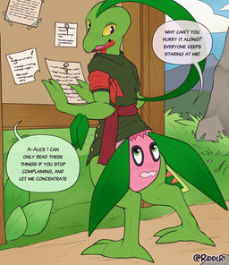 ageplay anthro clothed clothing cloud day diaper digitigrade duo glistening glistening_eyes green_body green_clothing green_eyes green_topwear infantilism leaf male male_anthro note open_mouth open_smile outside pink_diaper pupils roleplay slit_pupils smile standing text topwear wearing_diaper yellow_eyes riddlr nintendo pokemon animate_inanimate diaper_creature generation_3_pokemon grovyle pokemon_(species) english_text hi_res
