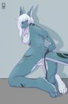 anthro anus biped blue_eyes breasts butt female genitals hair kneeling long_hair looking_at_viewer looking_back nipples non-mammal_breasts nude open_mouth pussy side_boob solo whip white_hair miiyori vera_(viswey) fish marine shark 2014 hi_res