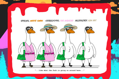 1980s_theme accessory_only airhead anthro beak belt bimbo_(fashion) black_feet black_markings blood bodily_fluids bright_colors casual_nudity cheek_tuft chest_tuft clothing dress facial_tuft feather_hands feathers feet female footwear hat head_tuft headgear headwear horror_(theme) humor markings no_genitals nude orange_beak pink_clothing purse quote sandals shoes smile solo sun_hat tuft white_body alystairphantem the_party_animals jasmine_swanson_(the_party_animals) anatid anseriform anserine avian bird swan 3:2 absurd_res hi_res model_sheet
