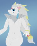 3_fingers 4:5 anthro blue_eyes claws fingers fur generation_5_pokemon grey_body grey_fur grey_hair hair hi_res howling-strawberries long_hair looking_at_viewer male nintendo nude pokemon pokemon_(species) simple_background smile snout solo white_body white_claws white_fur zoroark