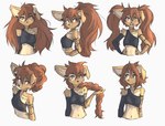 anthro arm_markings arm_tattoo breasts brown_body brown_eyes brown_fur brown_hair button_ears chest_markings chest_tattoo clothed clothing crop_top facial_markings facial_tattoo female female_anthro floppy_ears fur hair hands_on_hips head_markings kemono long_hair looking_at_viewer markings multicolored_body multicolored_fur multiple_poses navel neck_markings neck_tattoo ponytail pose shirt short_hair single_strap single_strap_clothing single_strap_shirt single_strap_topwear small_breasts solo tan_body tan_fur tattoo topwear twintails_(hairstyle) two_tone_body two_tone_fur white_body white_fur tinygaypirate apogee_(tinygaypirate) canid canine canis domestic_dog mammal spitz 2022 absurd_res digital_media_(artwork) hi_res multiple_images